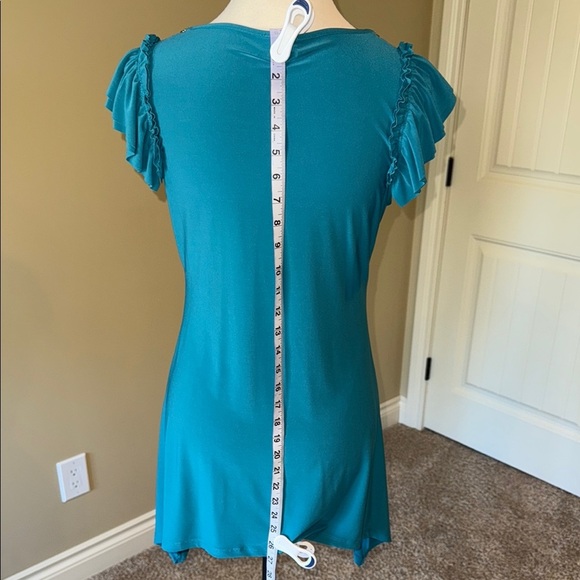 Clientele Shirt Embellished Short Flutter Sleeve Asymmetric Tunic Teal Burgundy - Picture 5 of 15